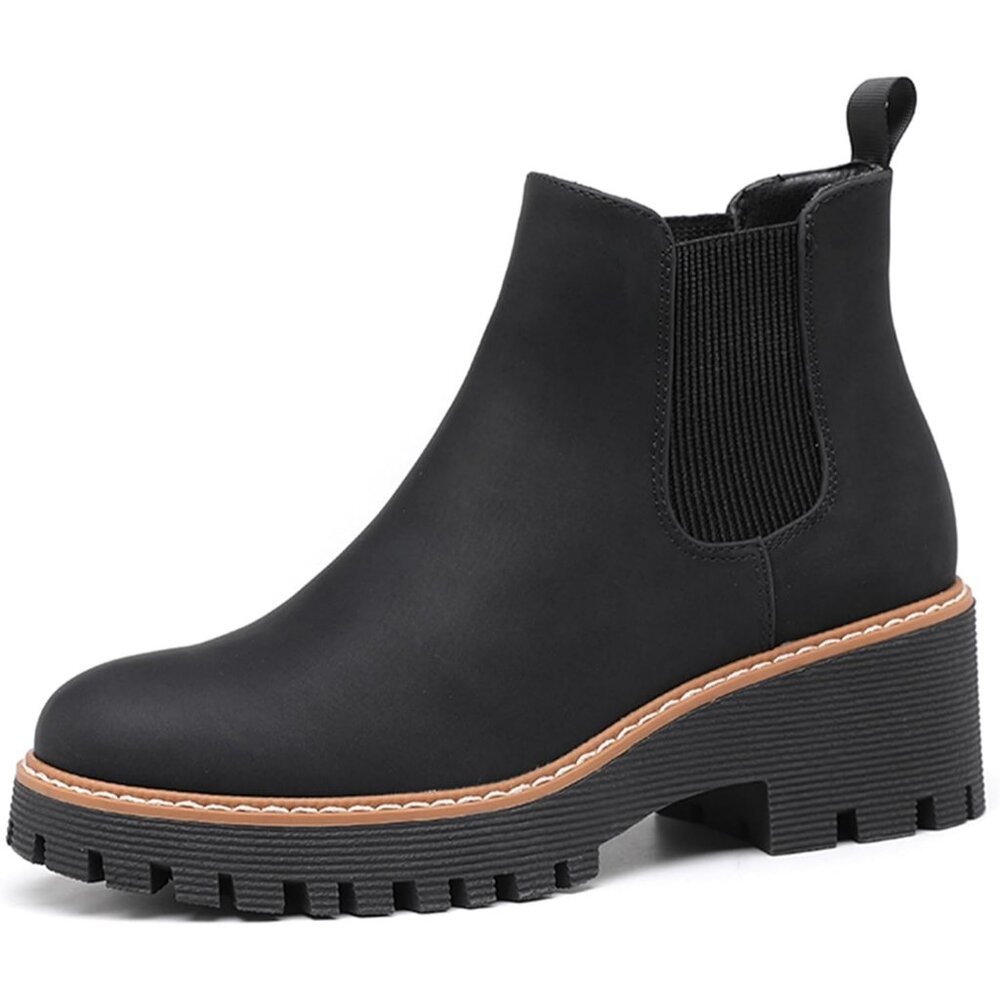 Womens Black Faux Leather Low Wedge Heel Slip On Chunky Platform Ankle Boots